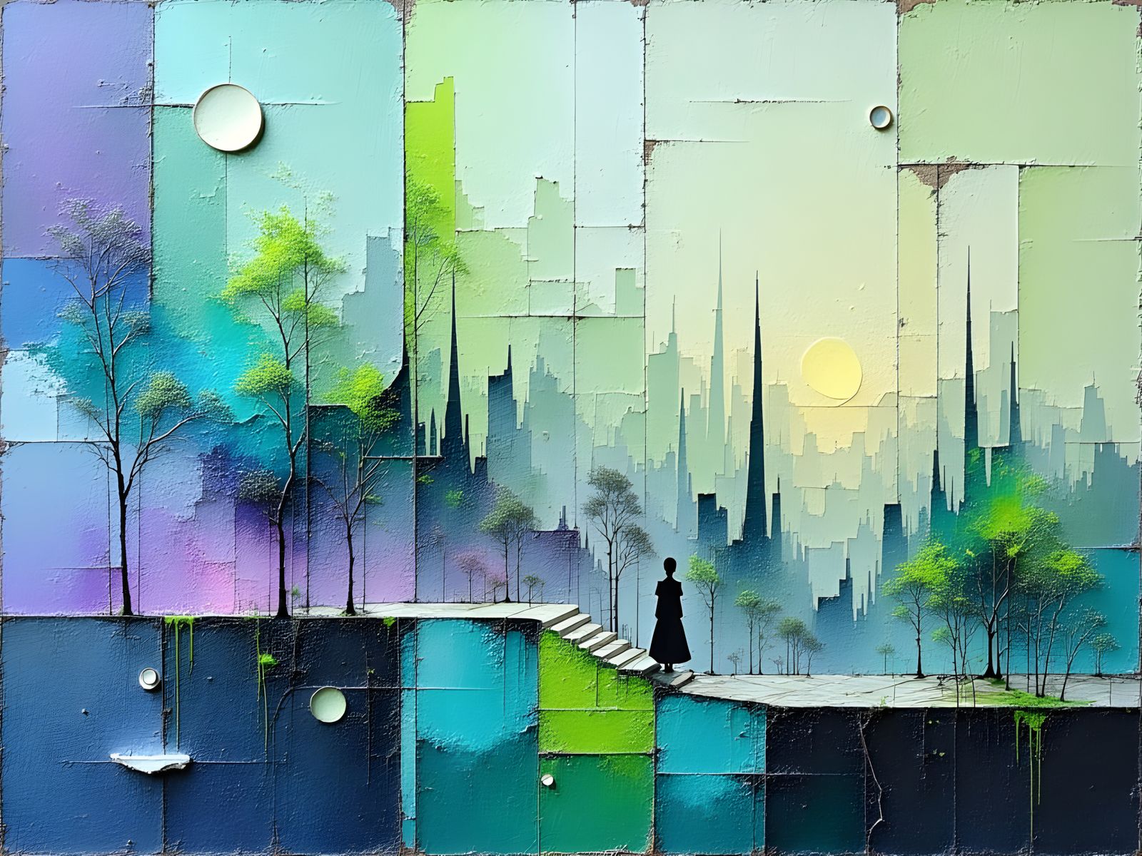 Intricately Detailed Impasto Cityscape in Muted Colors