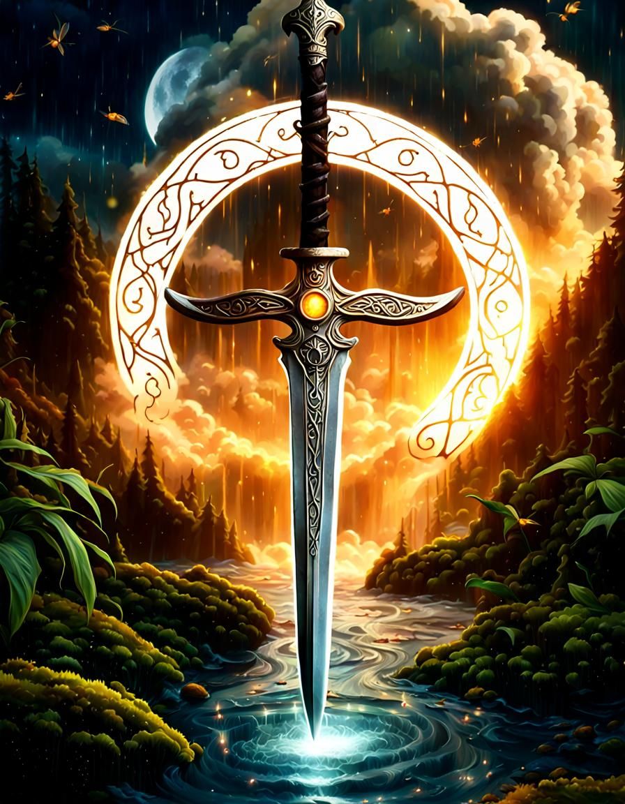 Mystic Runes Sword Struck by Thunderbolt in Forest