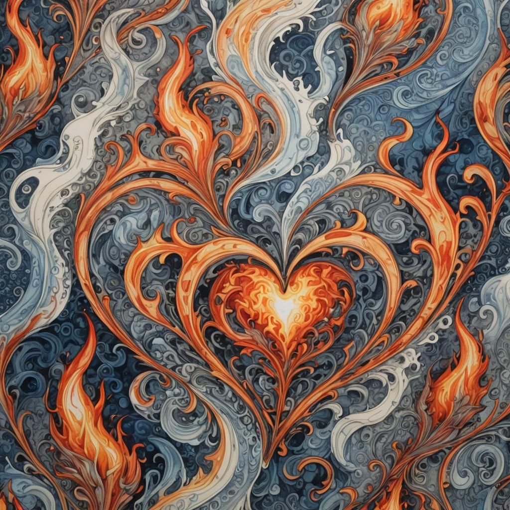 Fire and Water Hearts in Hyperrealistic Ink Drawing