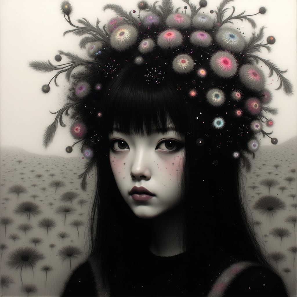 Enigmatic Woman Amidst Wildflowers in Dark Surrealist Art