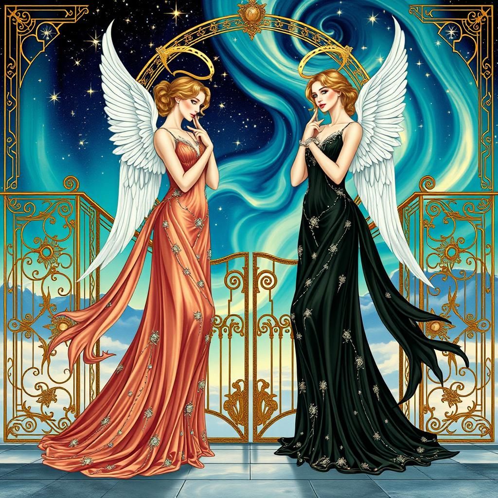 two beautiful female guardian angels guarding the gates to i...