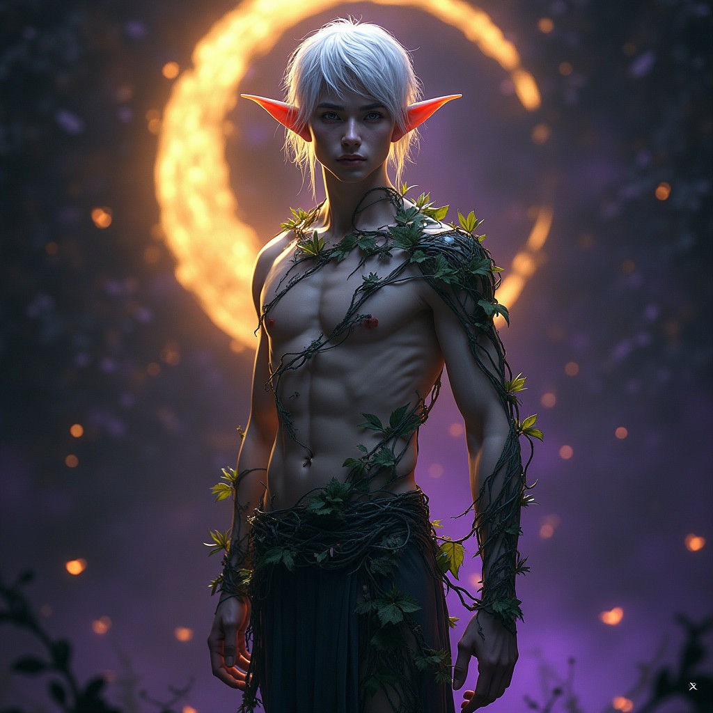 Moon Elf in Leafy Outfit, Art Nouveau Style