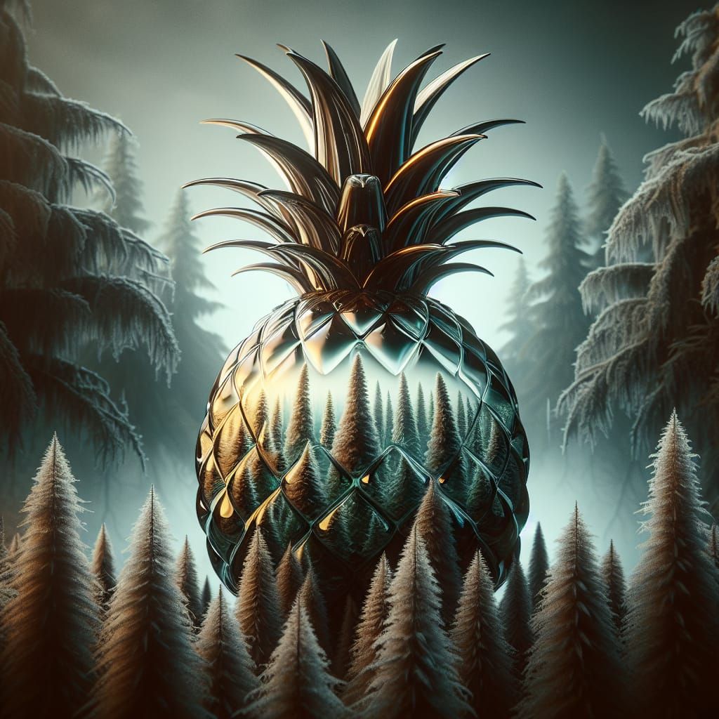 Glass Pineapple in Frozen Forest: Hyperrealistic Double Expo...