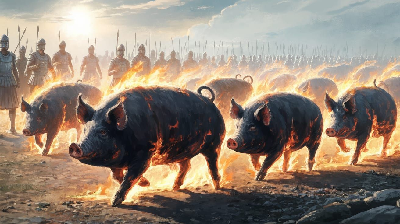 Roman Legionaries Flee Burning Pigs on Mediterranean Battlef...