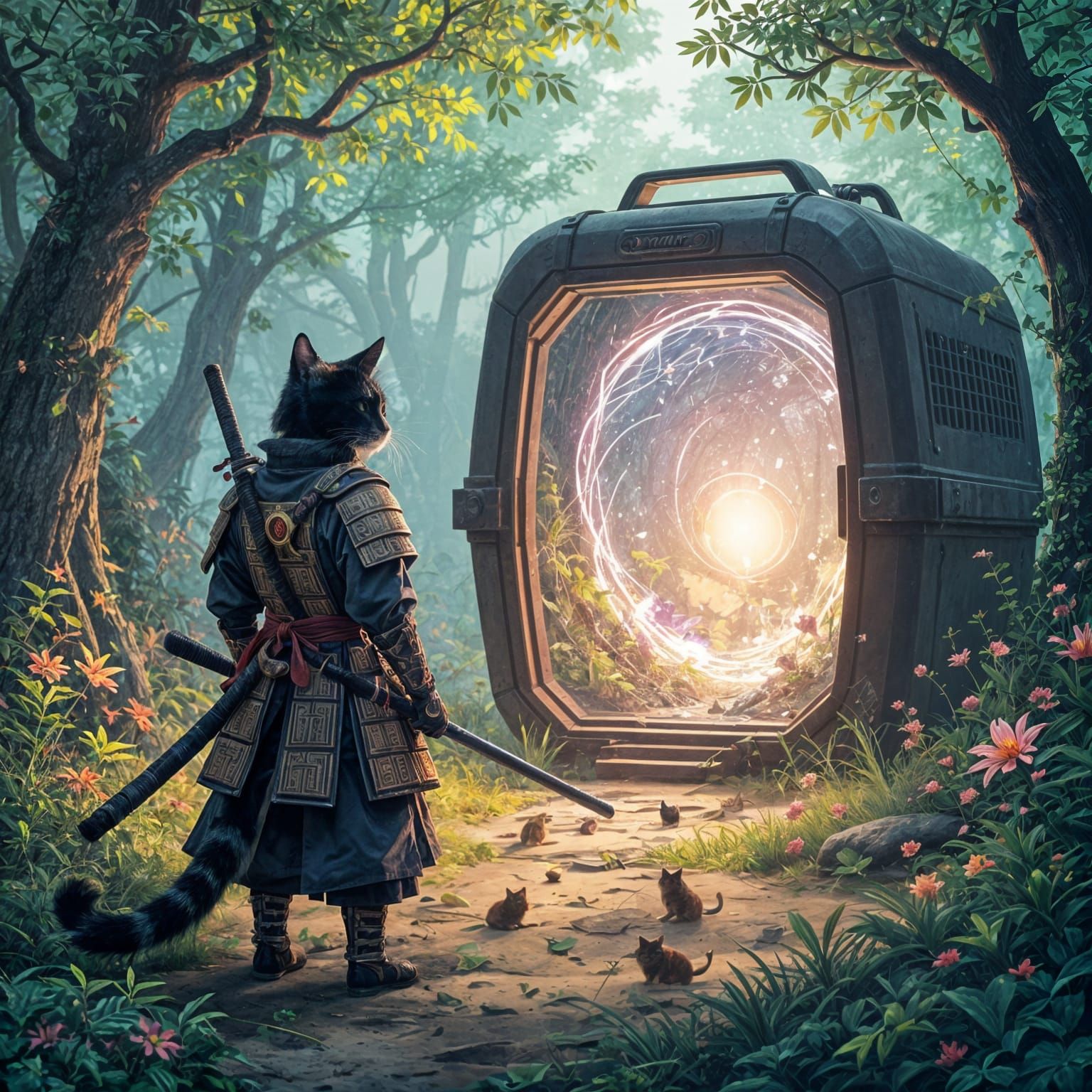 Samurai Cat Warrior Enters Portal to Strange Dimension