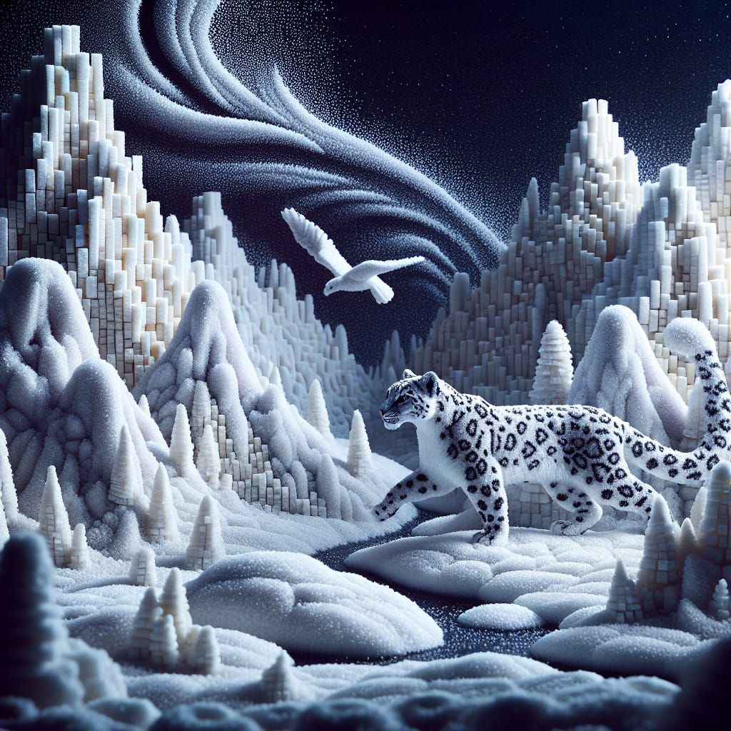 Snow Leopard Navigating Snowy Sugar Cube Mountain