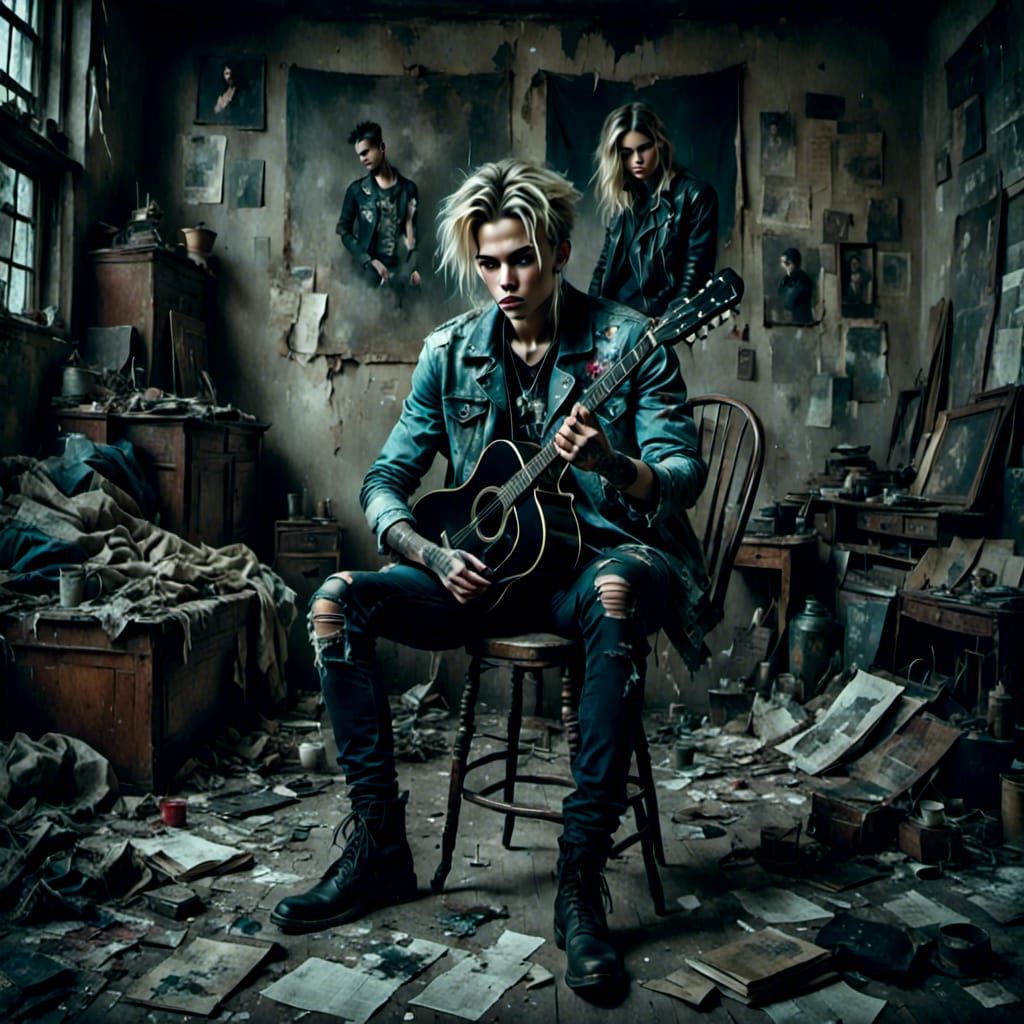 Sad Guitarist in Grunge Room with Muted Colors