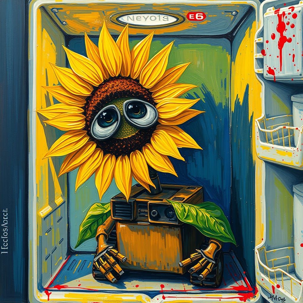 Sunflower in Refrigerator: Neo-Impressionist Wall-E Scene