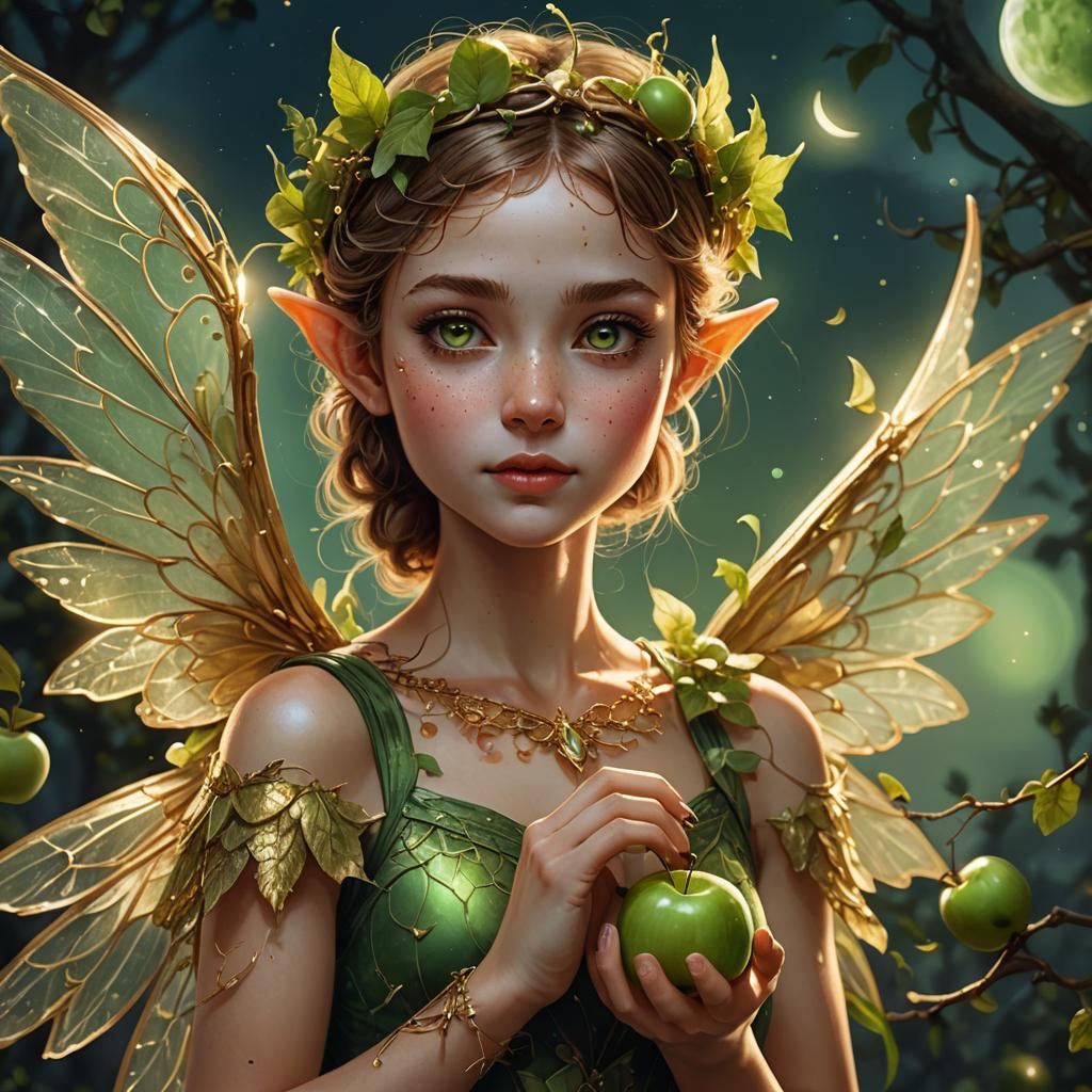 Pixie Girl Portrait with Apple in Digital Art
