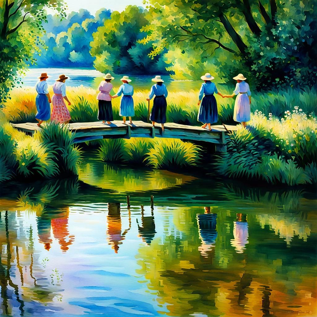 Human Bridge Over River in Impressionist Watercolor