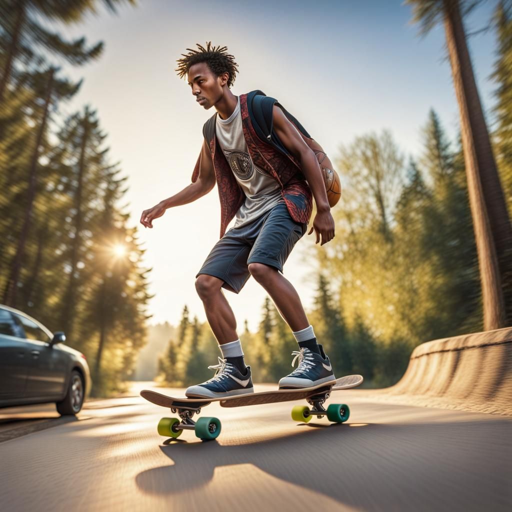 Skateboarder on Trail in Sunny, Hyperrealistic Style