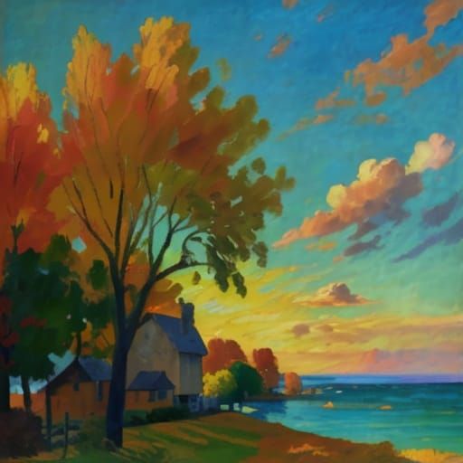 Gauguin Style Autumn Village Oil Painting