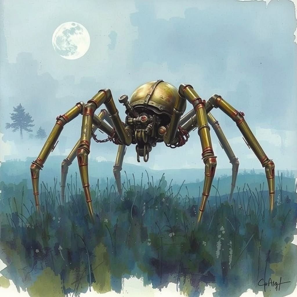 It depicts grassland steampunk wildlife rendered in a realistic style.  It's done with watercolor paint in light, cool c...