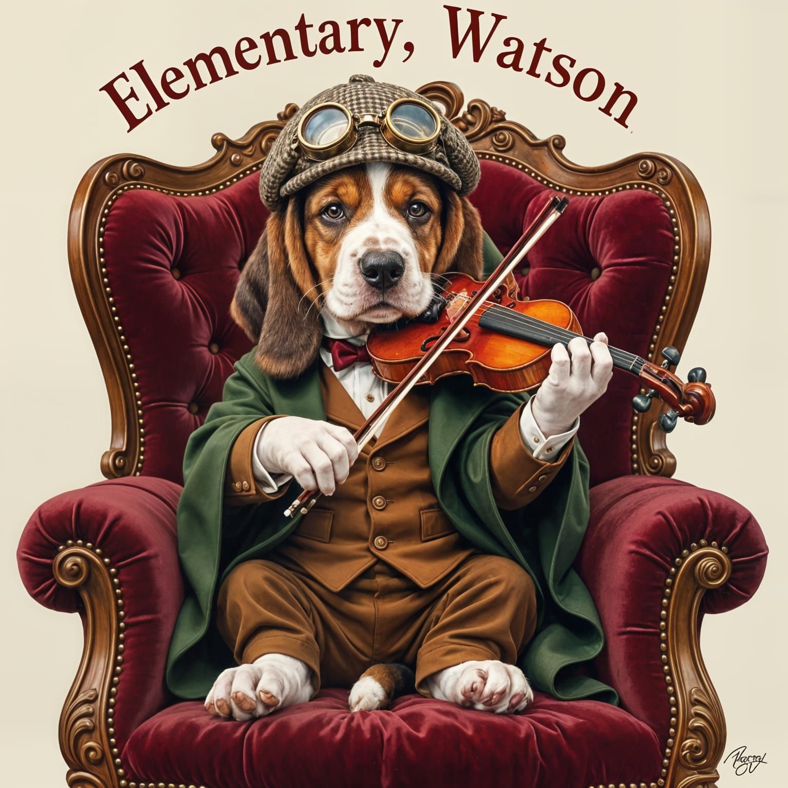 Basset Hound Plays Violin in Deerstalker Cap