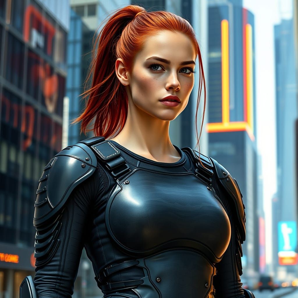 Woman in Camouflage Armor in Futuristic Cityscape