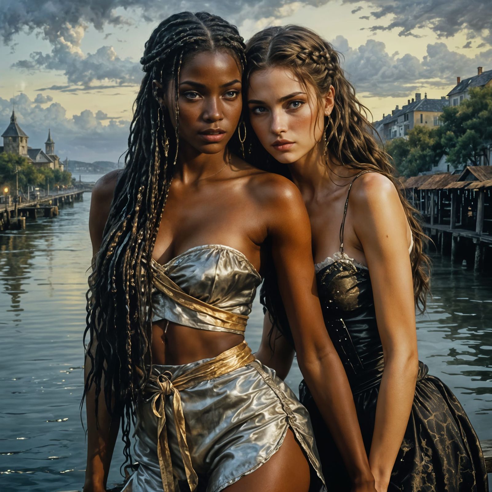 Romantic Pier Scene in Oil Painting Style