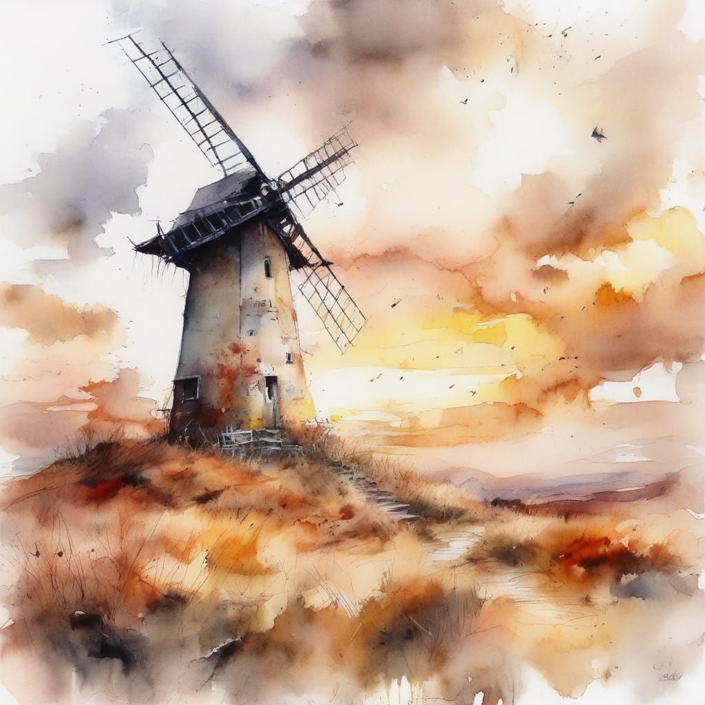 Windmill at Sunset in Whimsical Watercolour Style