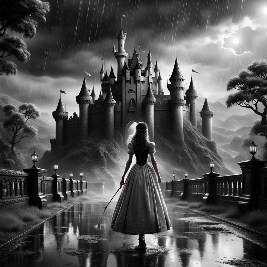 Monochrome Princess in Rainy Castle Scene