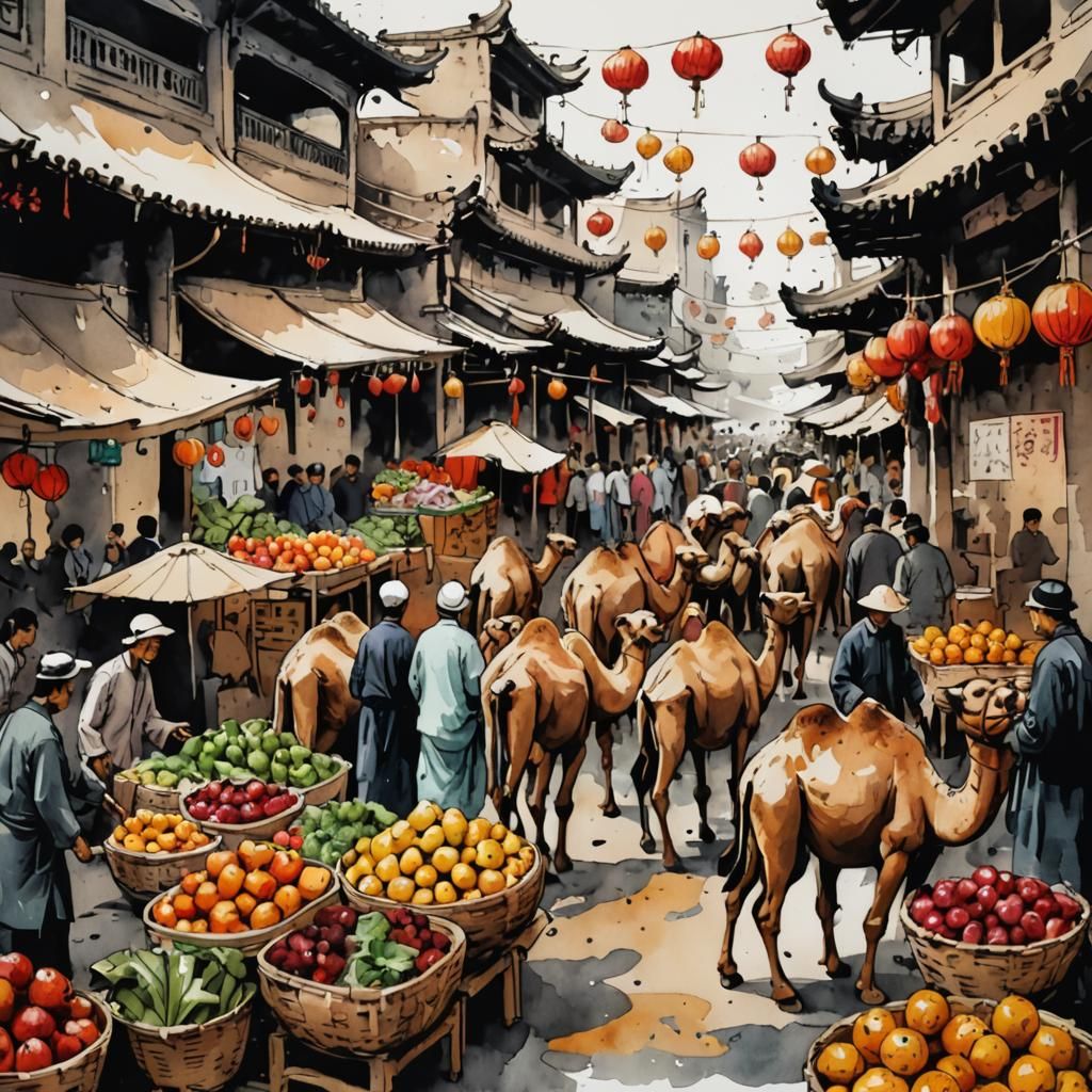 Vibrant Oriental Marketplace in Ink Illustration Style