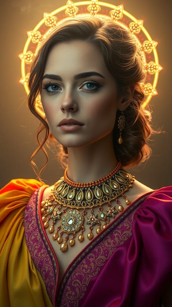Serene Woman in Ecliptic Attire: Hyperrealistic Portrait