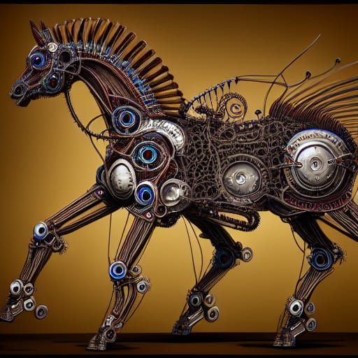 Intricate Biomechanical Horse in Post-Apocalyptic Forest