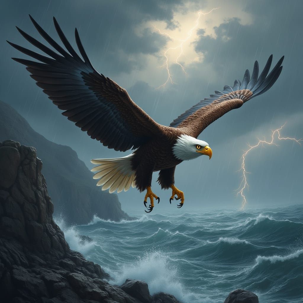 Bald Eagle Soaring Through Stormy Sky