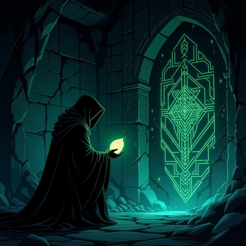 Cloaked Figure Examines Glowing Artifact in Obsidian Chamber