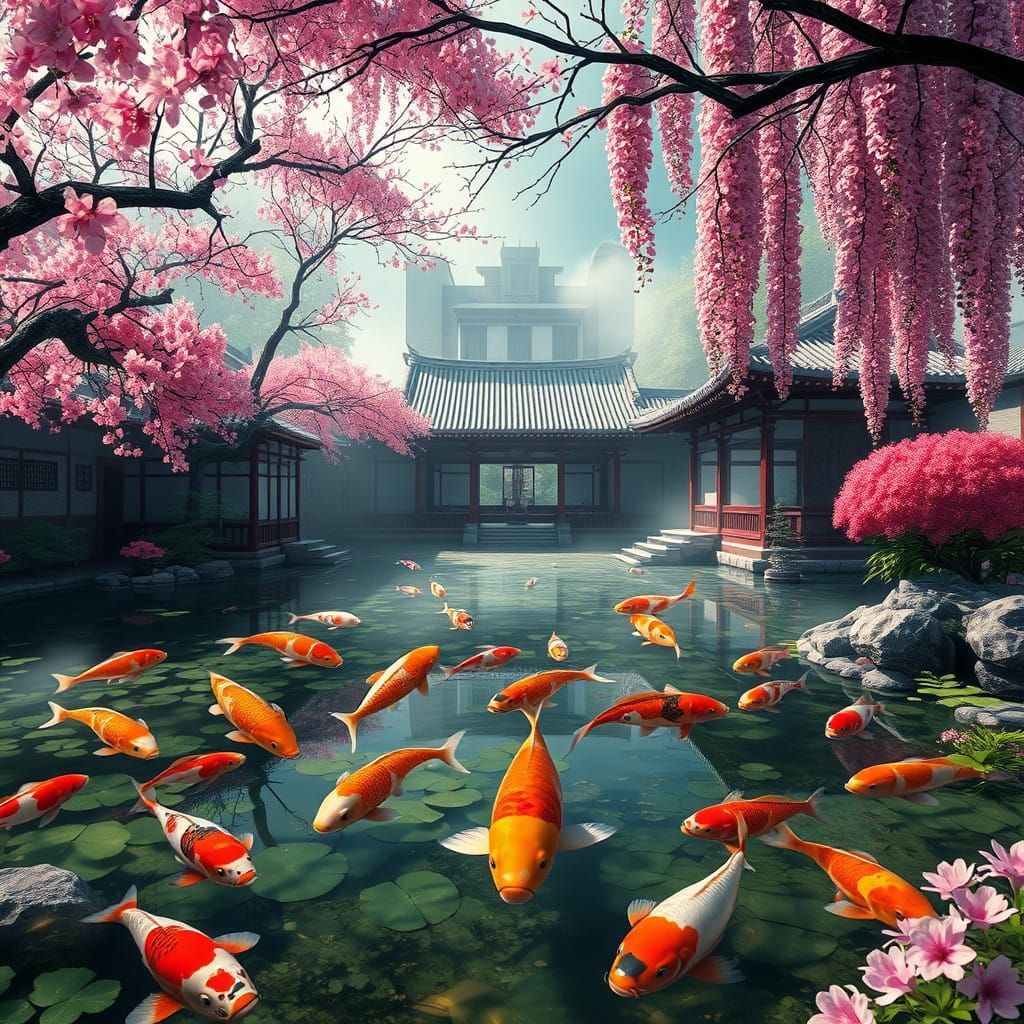 Vibrant Koi Fish in Whimsical Japanese Fantasy Garden