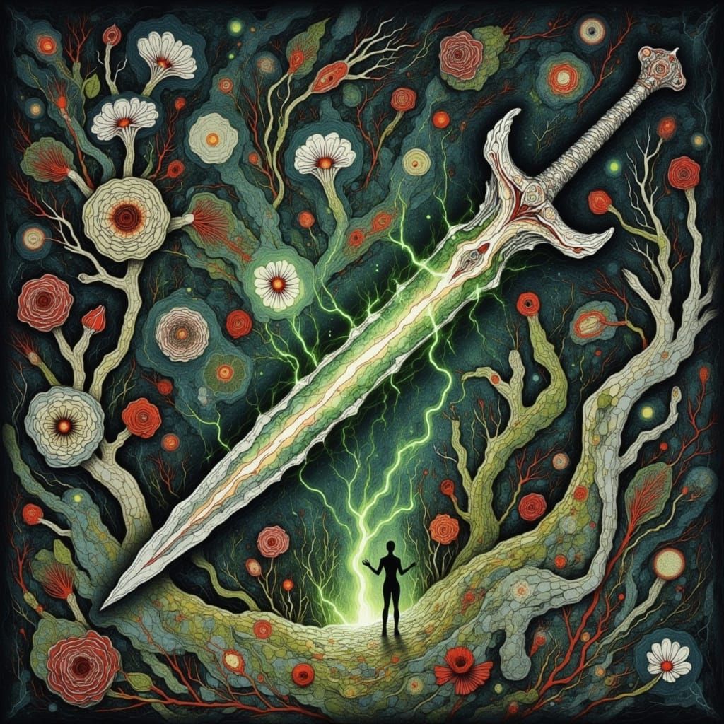 Mystical Sword Basks in Emerald Aura, Flanked by Wilted Rose...