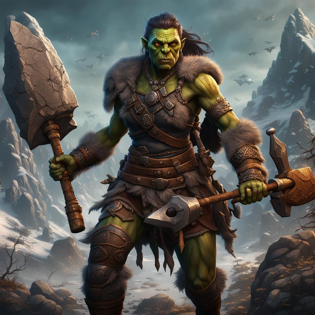 Half-Orc Barbarian with Smith Tools: Detailed Fantasy Art