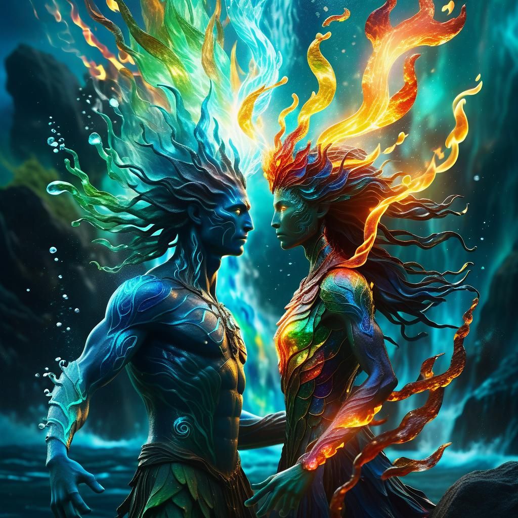 Cosmic Dance of Water and Fire in a Radiant, Shimmering Land...