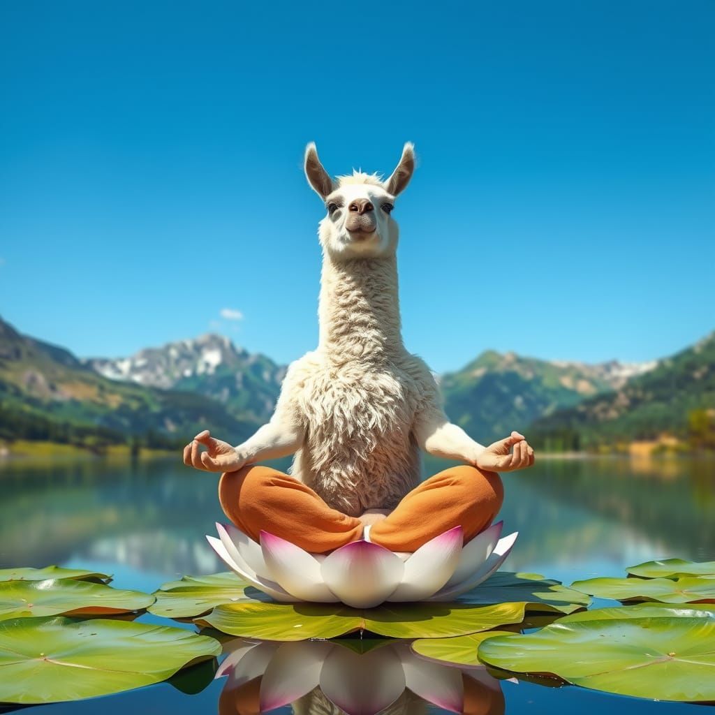 Meditating Alpaca on Lotus Pad in Mountain Lake