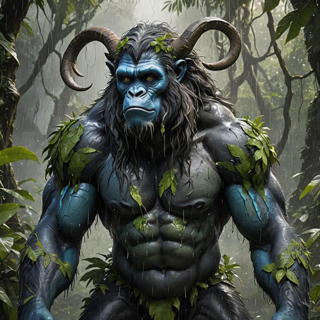 Blue-Skinned Ram-Horned Man in Jungle, Hyperrealistic Art