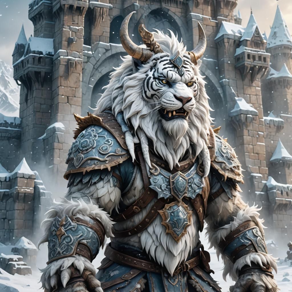 Yeti-Tiger Hybrid Guards Snow Fortress: Fantasy Illustration