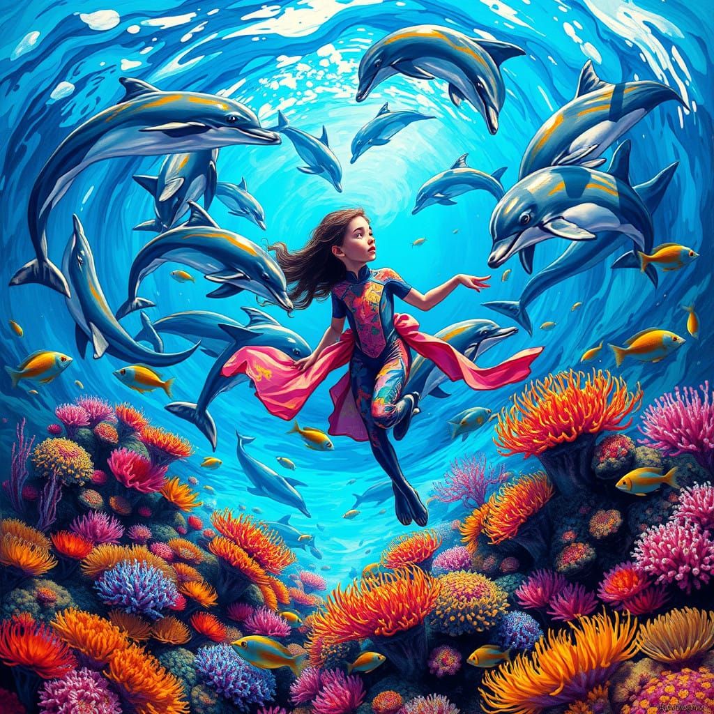 Girl Surrounded by Dancing Dolphins in Vibrant Ocean Scene
