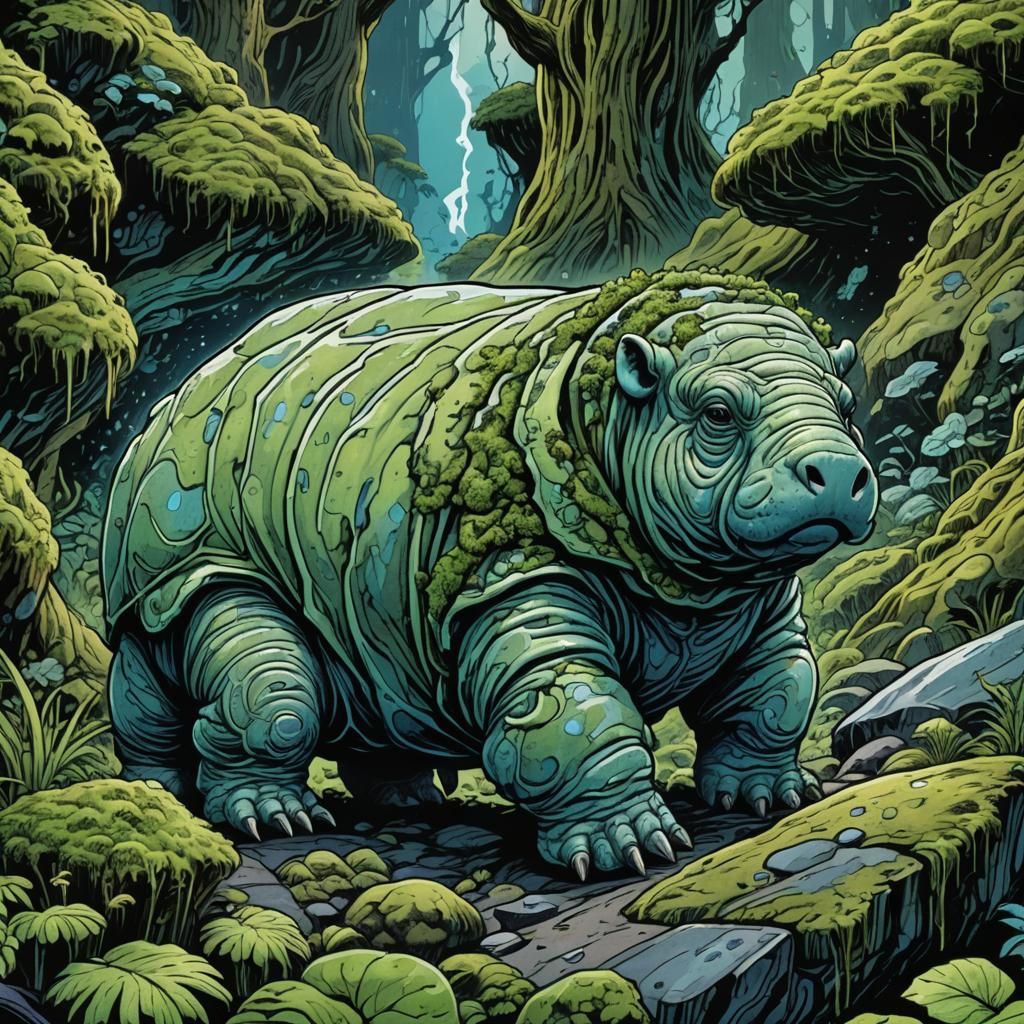Neon Tardigrade on Mossy Rock, Comic Book Art