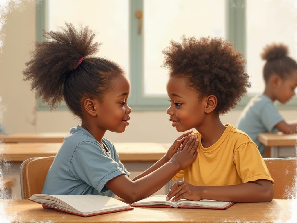 Compassionate Moment: Children at School in Watercolor Style