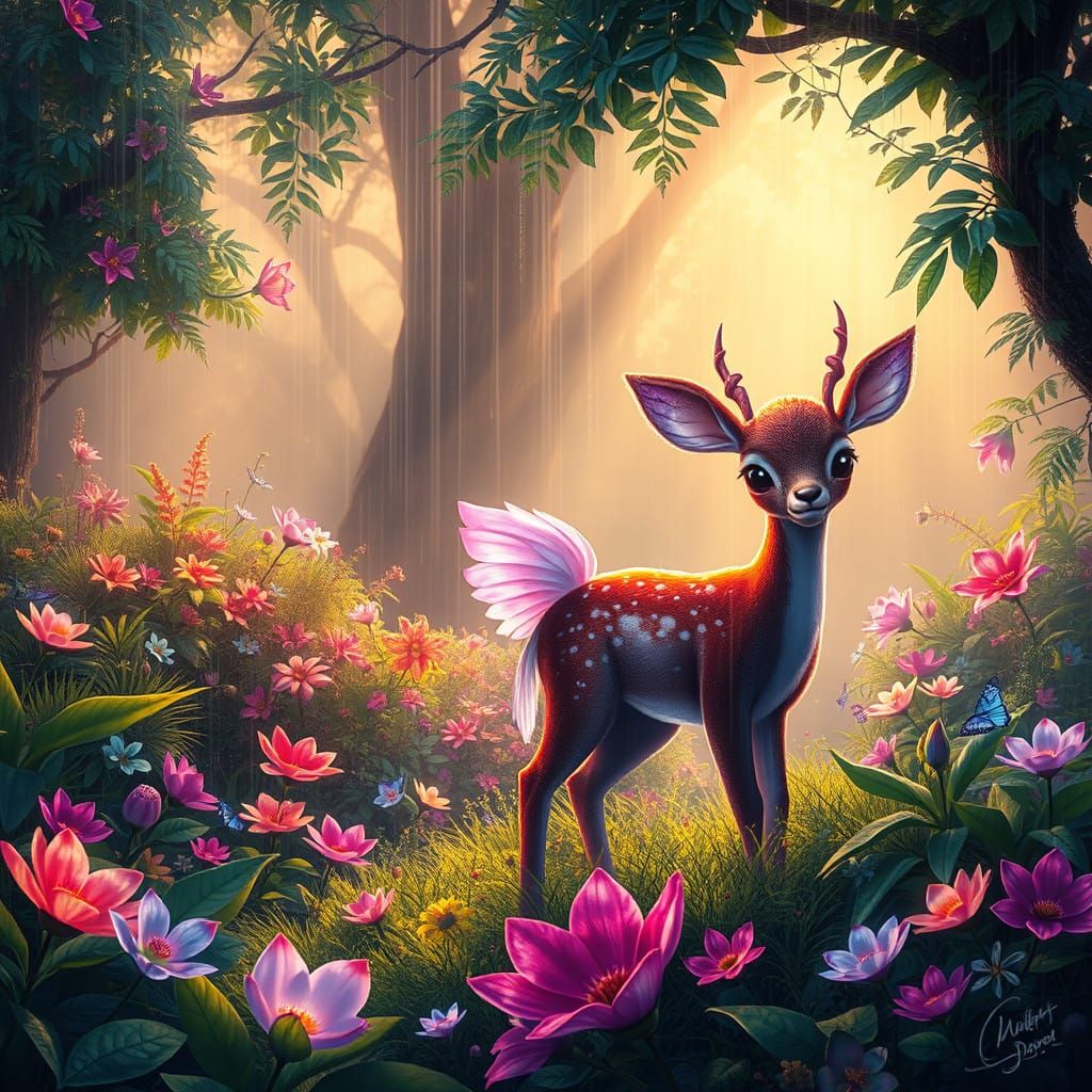 Vibrant, Whimsical Landscape with Exotic Flowers and Fantast...