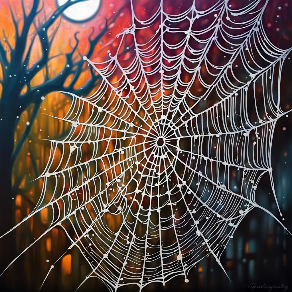 Shimmering Dew on Spiderweb in Graffiti Art Style