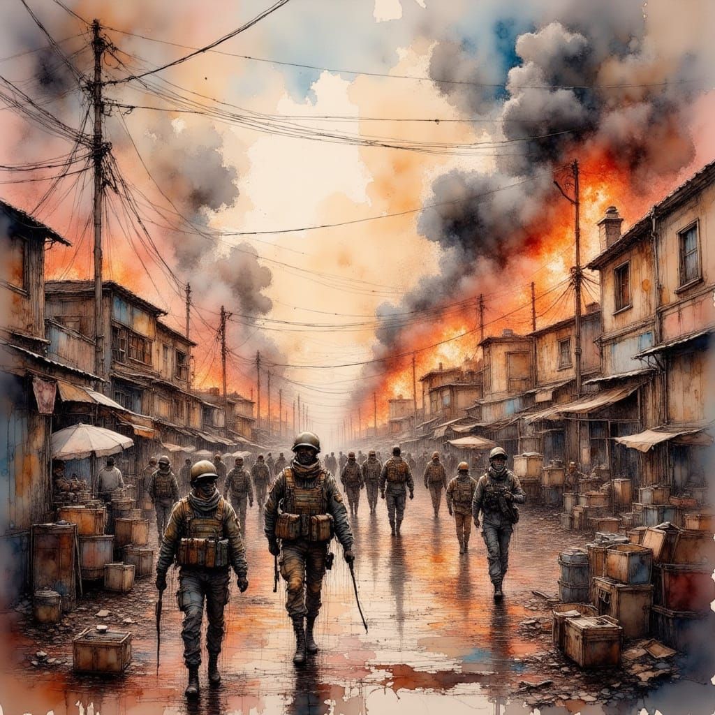 Syrian Civilians & Security Forces Amidst Chaos in Gouache S...