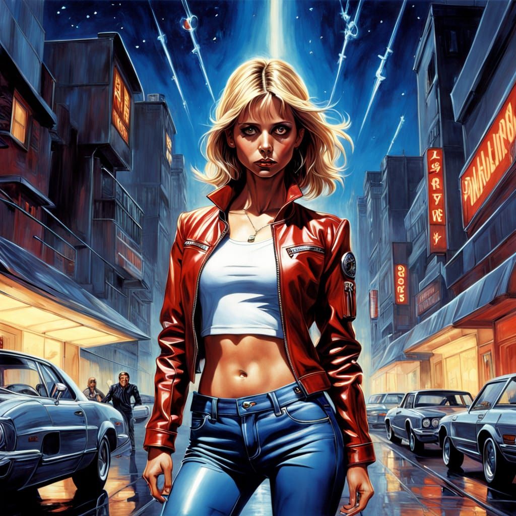 Retro-Futuristic Vampire Slayer in Oil Painting Style