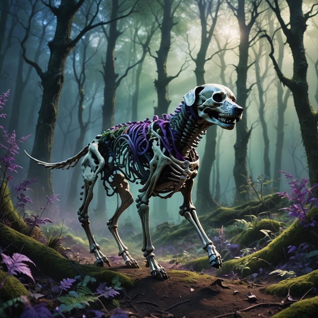 Dog Skeleton Runs Through Mystical Forest