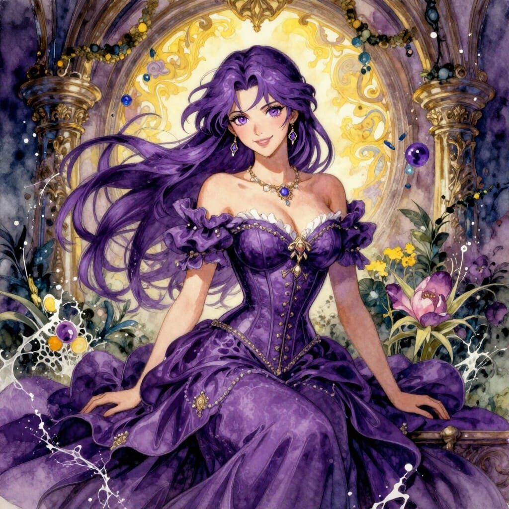 Violet Haired Woman in Opulent Garden