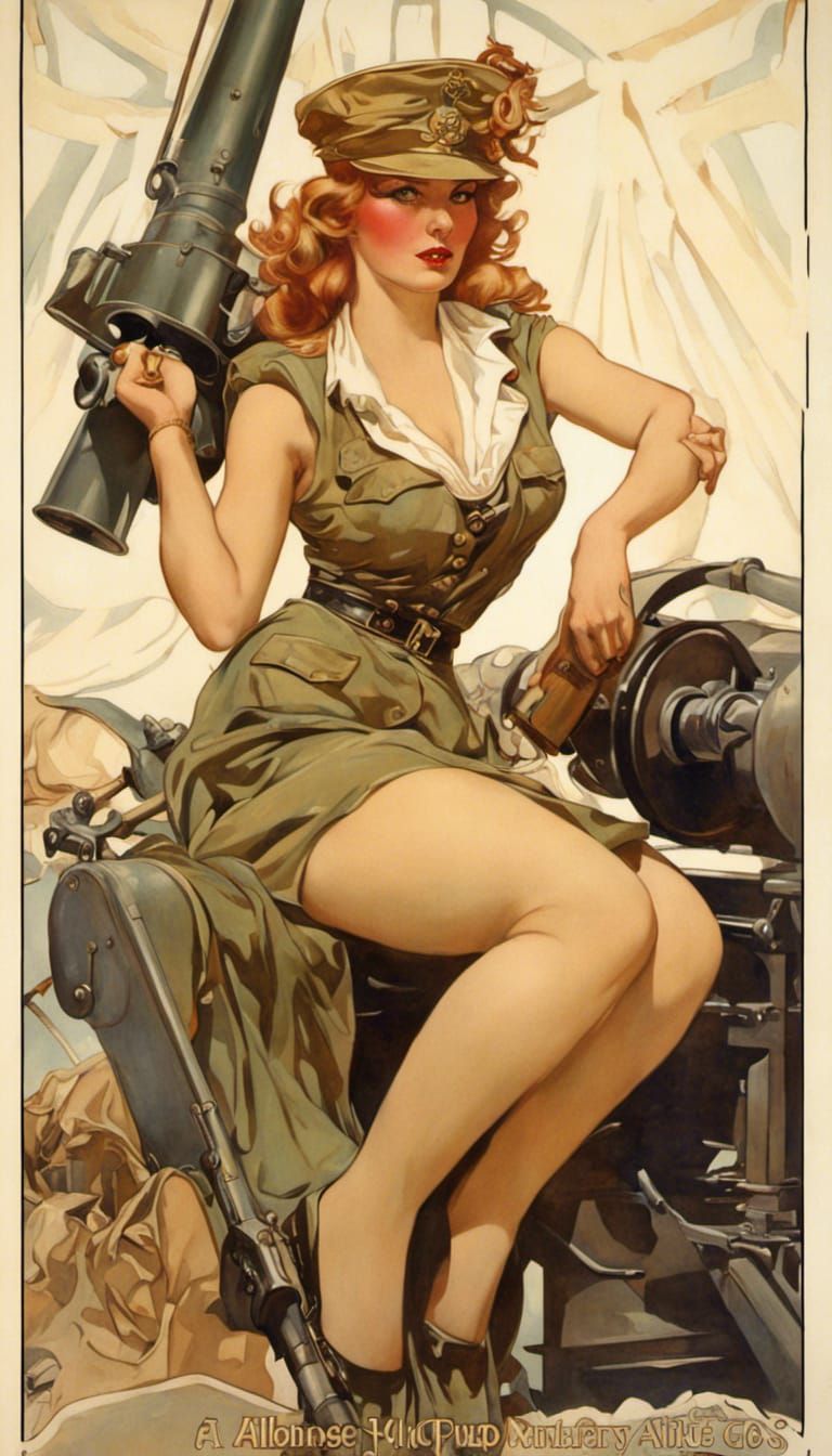 Vintage Military Pinup in Art Nouveau Style