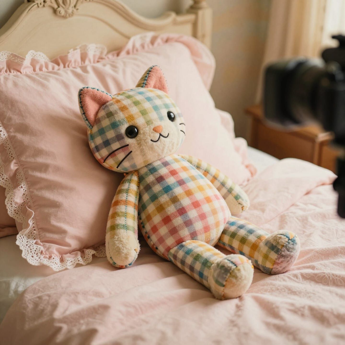 Gingham Cat Plushie on Feminine Bed in Kawaii Style