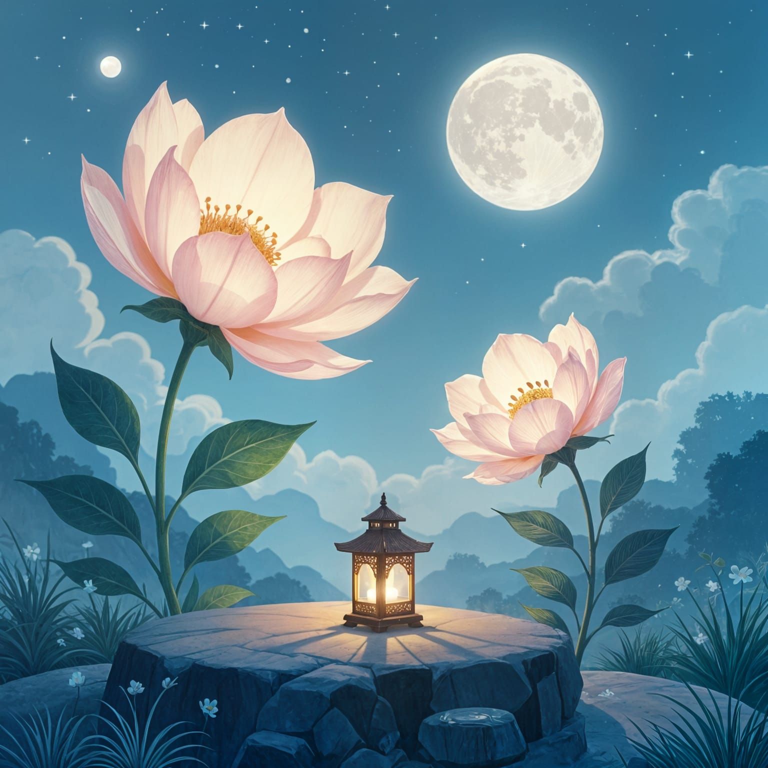 Luminous Moonflowers in a Dreamlike Landscape