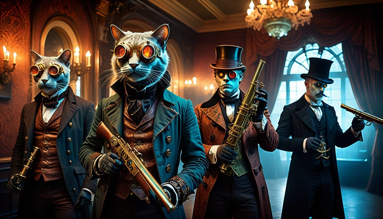 Steampunk Feline Hunters in Victorian Mansion
