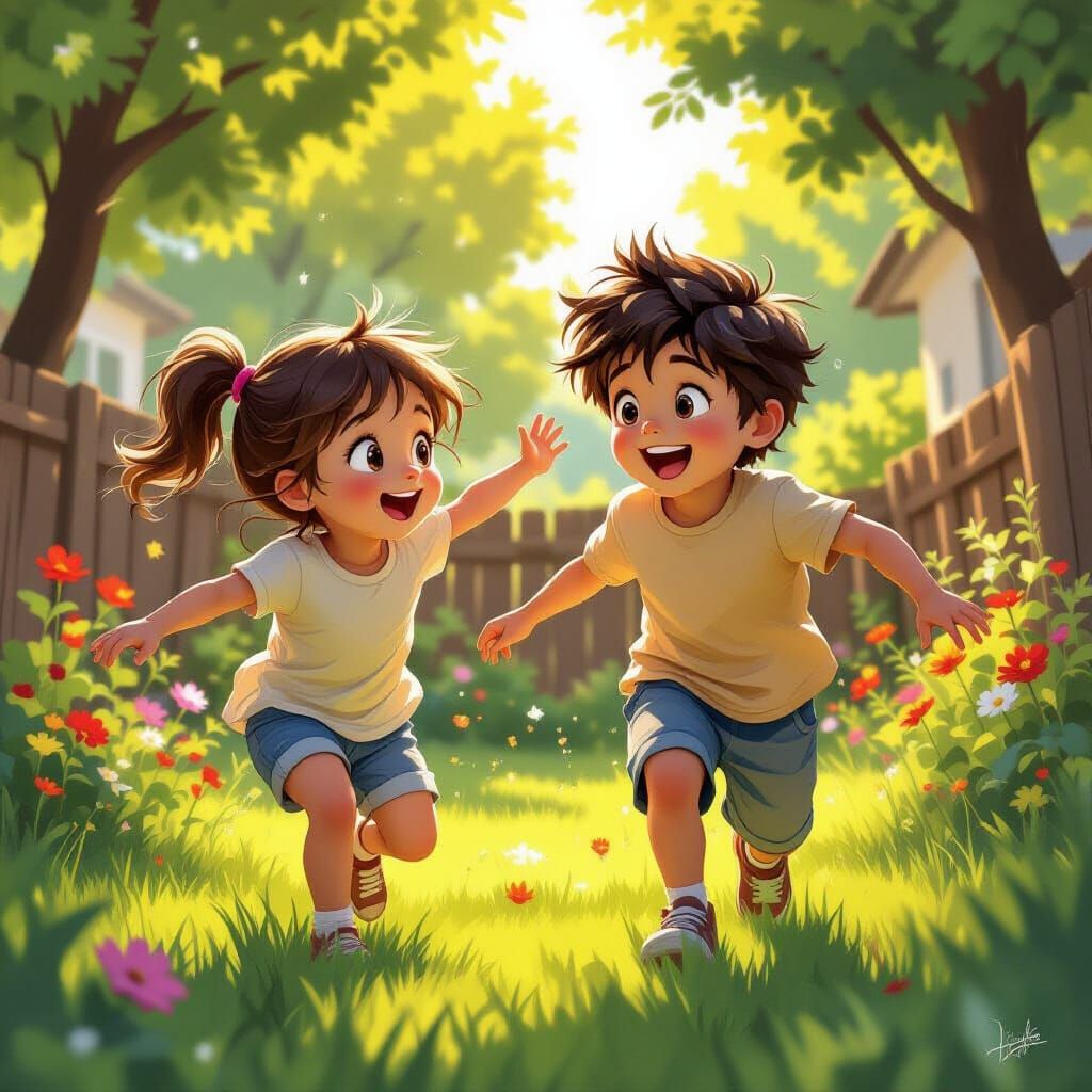 Children Gleefully Playing in Sun-Drenched Backyard