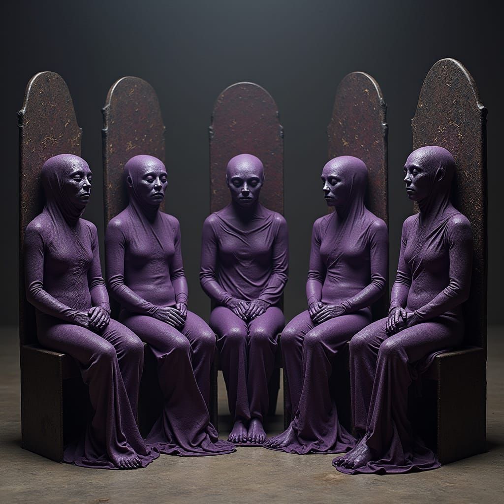 Mummified Sisters Seated in Ornate Chairs, Wrapped in Intric...