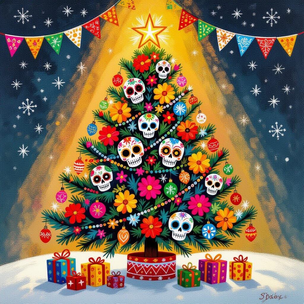Day of the Dead Christmas Tree Gouache Painting
